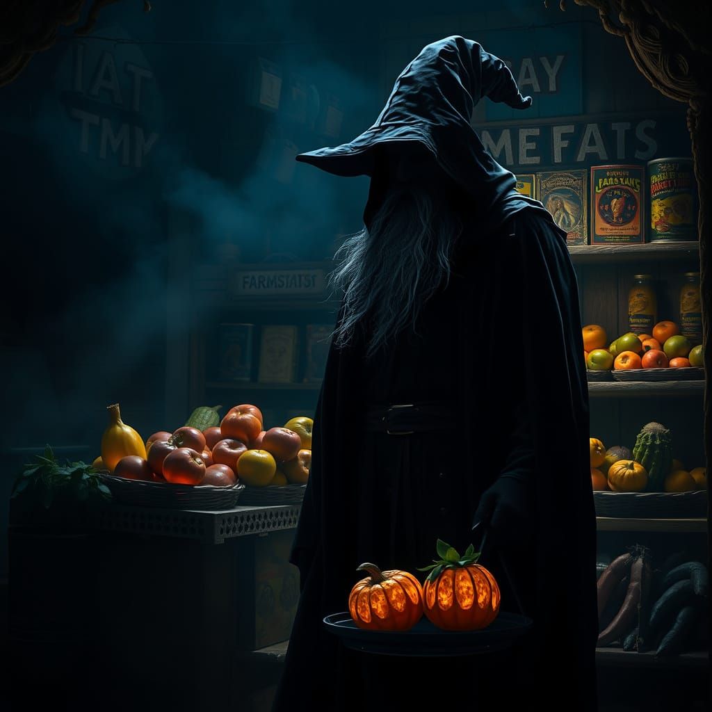 Wizard Guards Magical Farmstand in Dark Fantasy Style