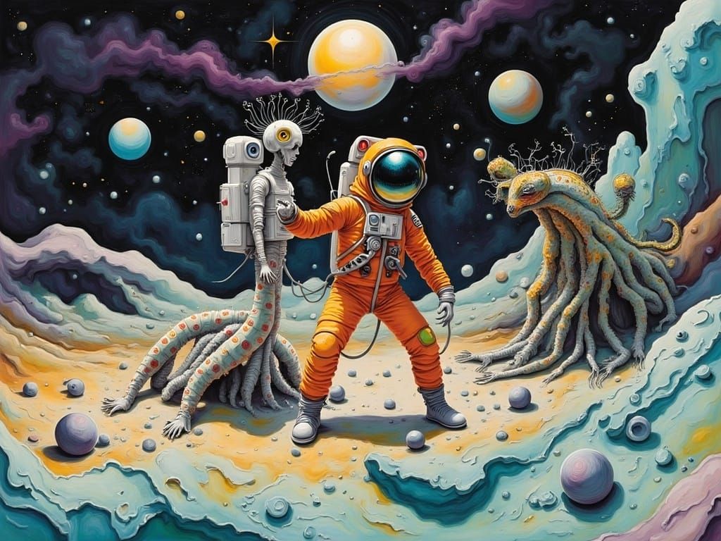Astronaut and Alien Encounter on the Moon