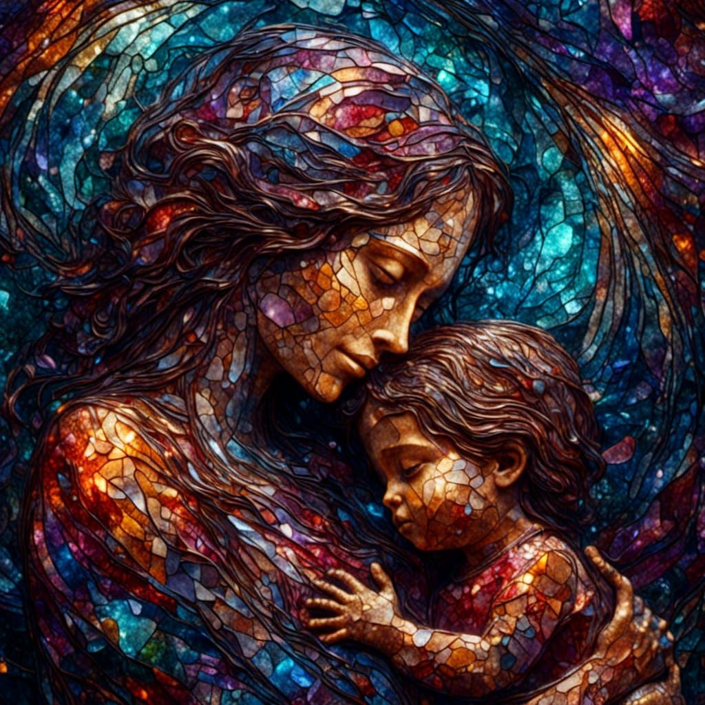 Mother and Baby in Vivid Cosmic Art Style