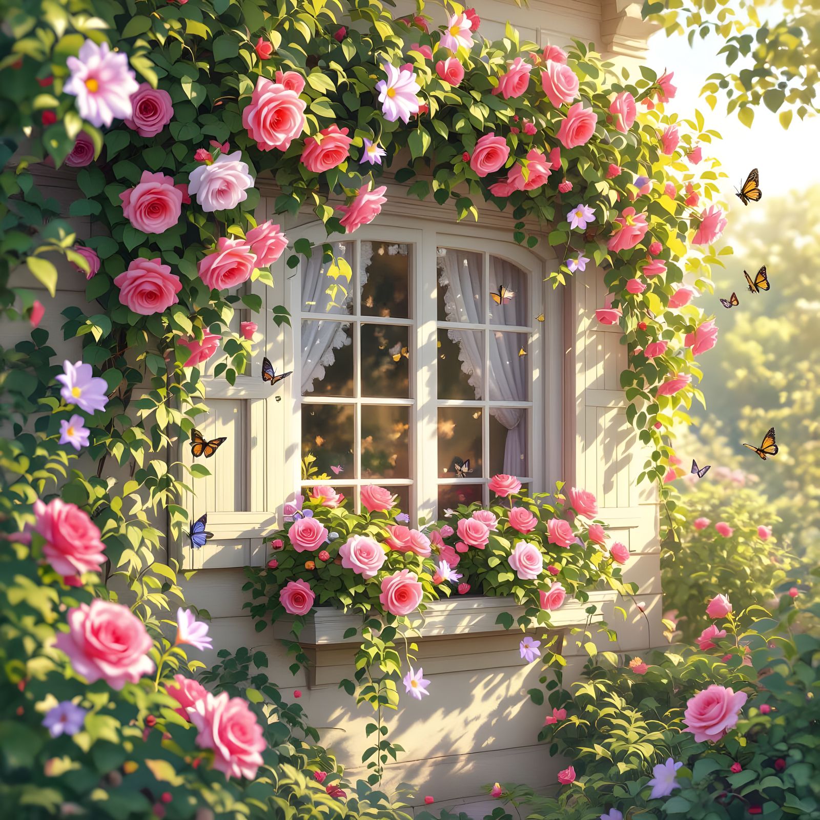 Secret Garden Window with Cascading Roses