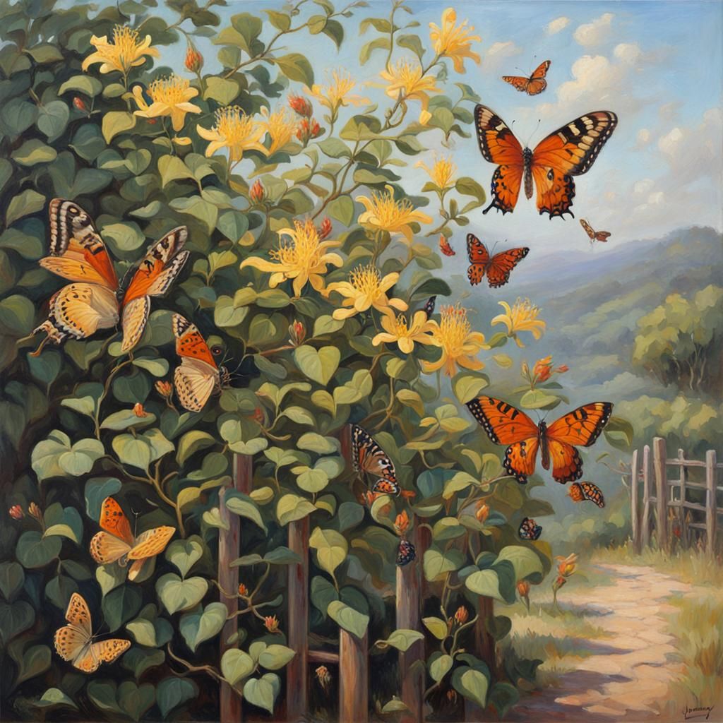 Honeysuckle and Butterflies in Gurney Style