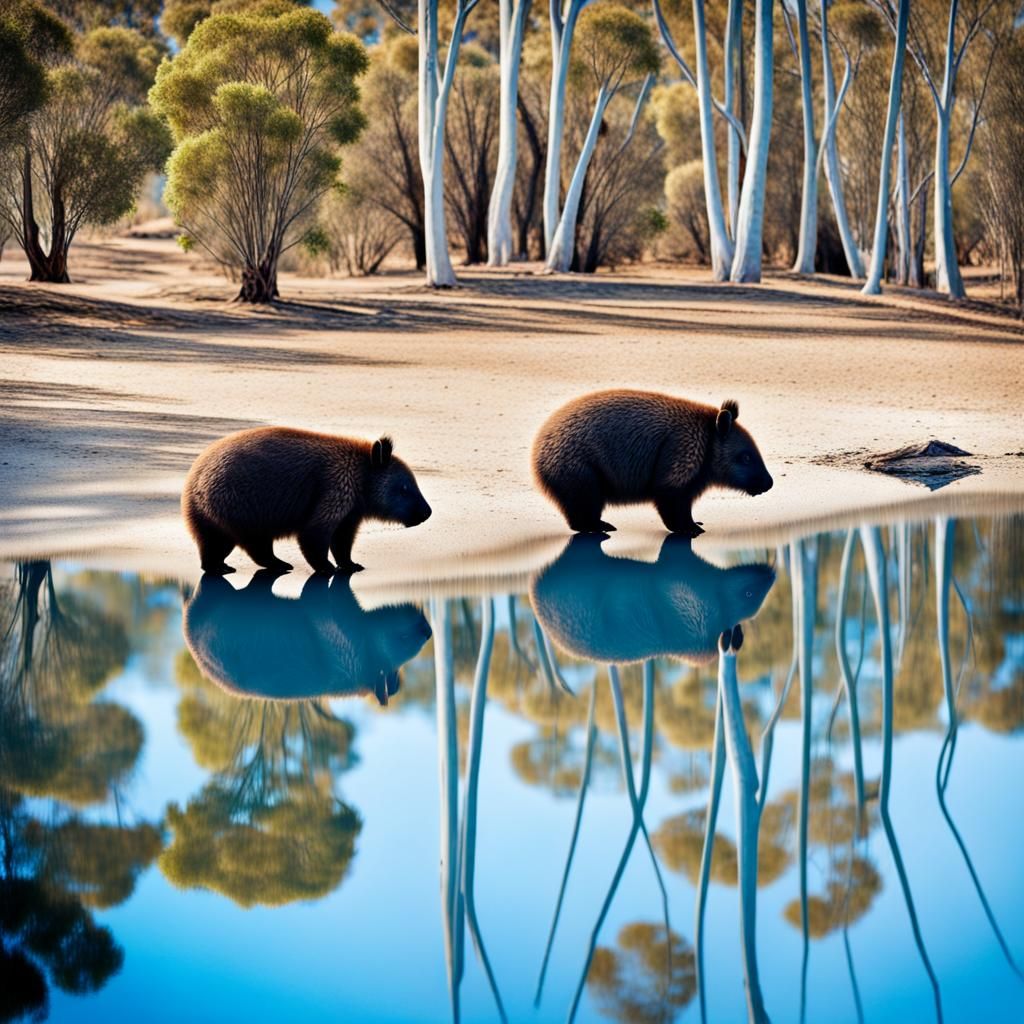 Wombats at a Brilliant Blue Lake Reflection