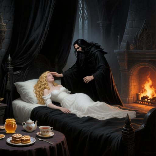 Dark Fantasy Wizard Awakens Blonde Beauty in Castle