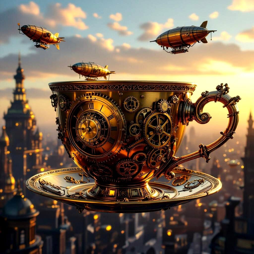 Giant Steampunk Teacup Floats Above City