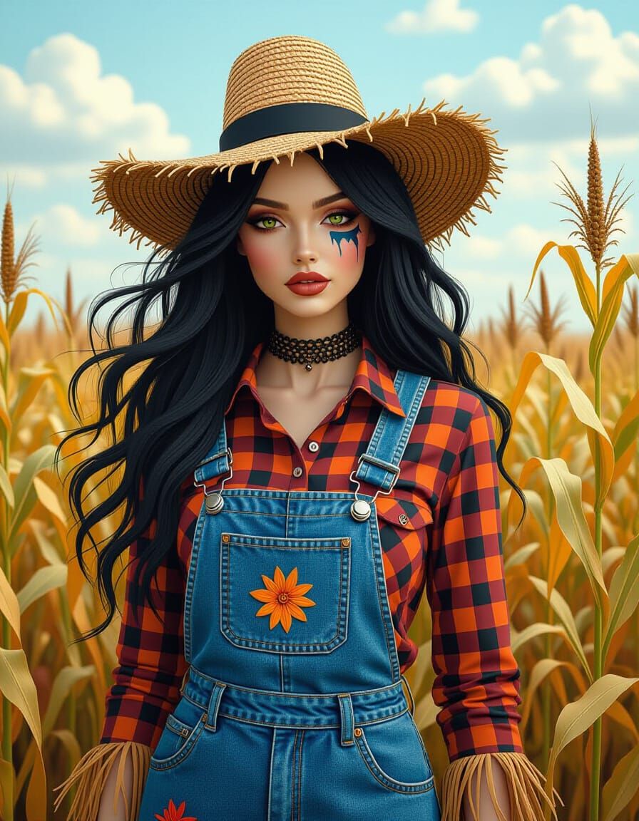 Sultry Spooky Scarecrow in Fall Cornfield - 3D Crayon Art