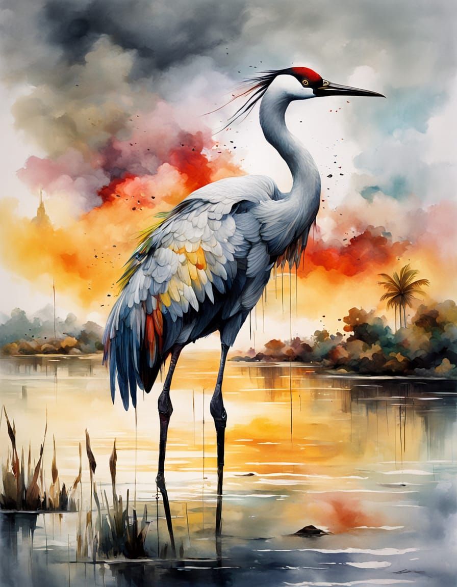 Vibrant Crane on Aquatic Waters