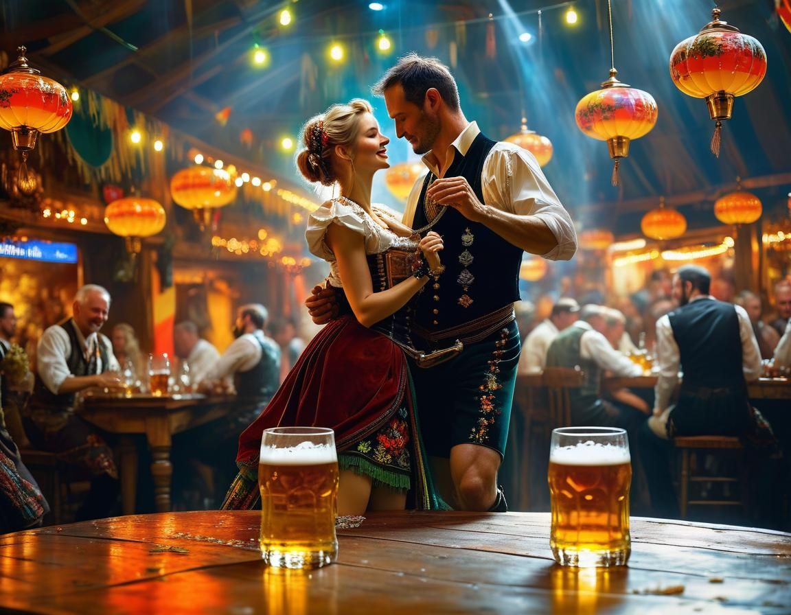 Oktoberfest Couple Dancing with Beer, Psychedelic Lighting