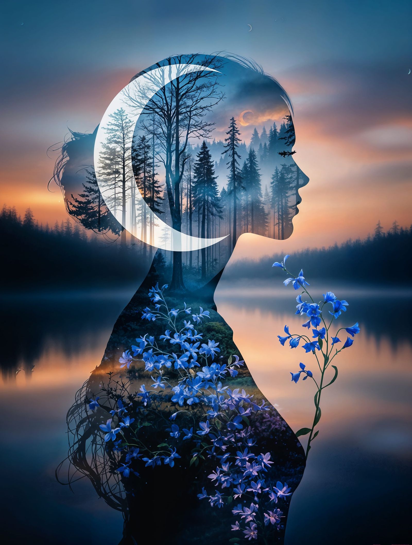 Surreal Moonlit Forest Silhouette