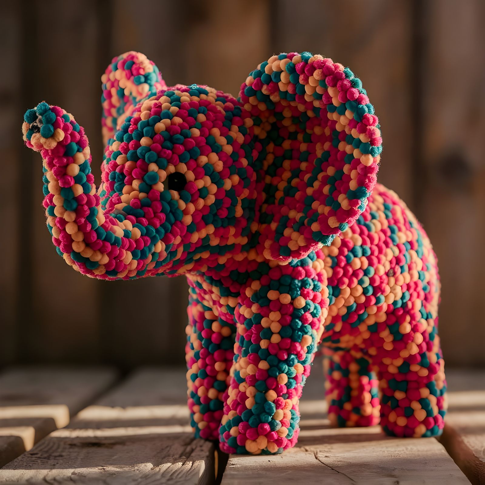Pom Pom Elephant Sculpture in Warm Sunlight