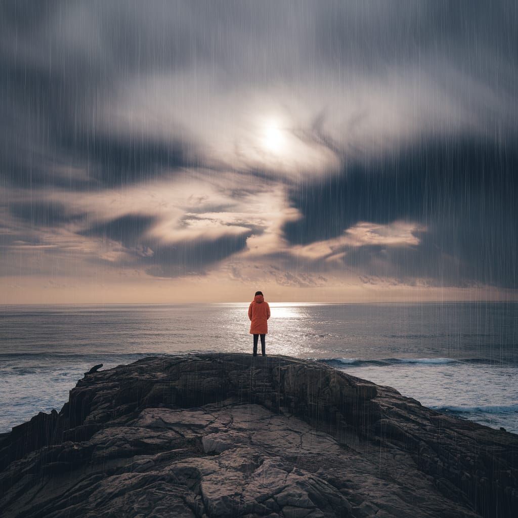 Person in Orange Coat Gazing at Glowing Horizon