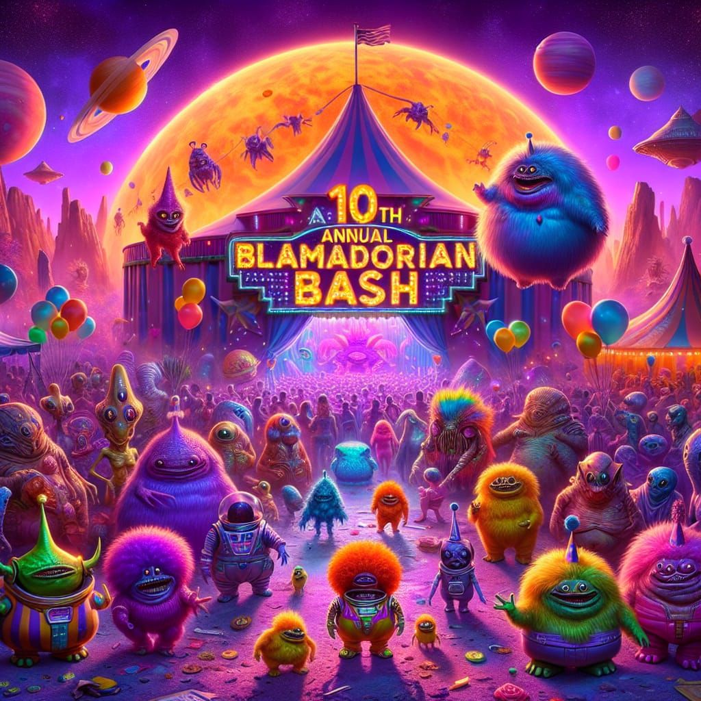 Festive Alien Bash in Whimsical Sci-Fi Circus Setting