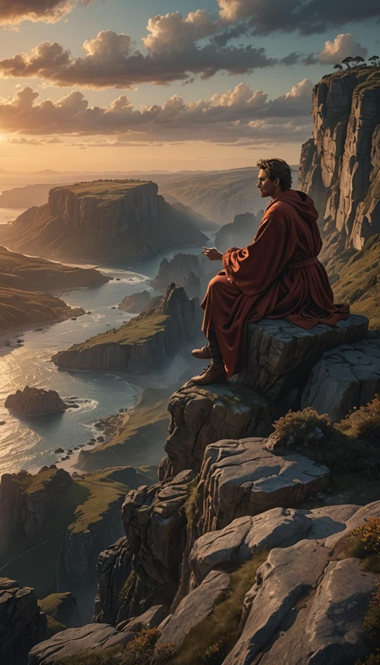 Man on Cliff at Sunset: Dramatic Digital Painting