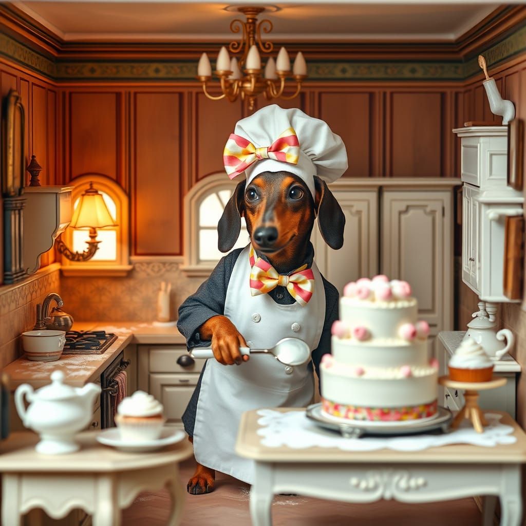 Dachshund Baker in Miniature Victorian Kitchen