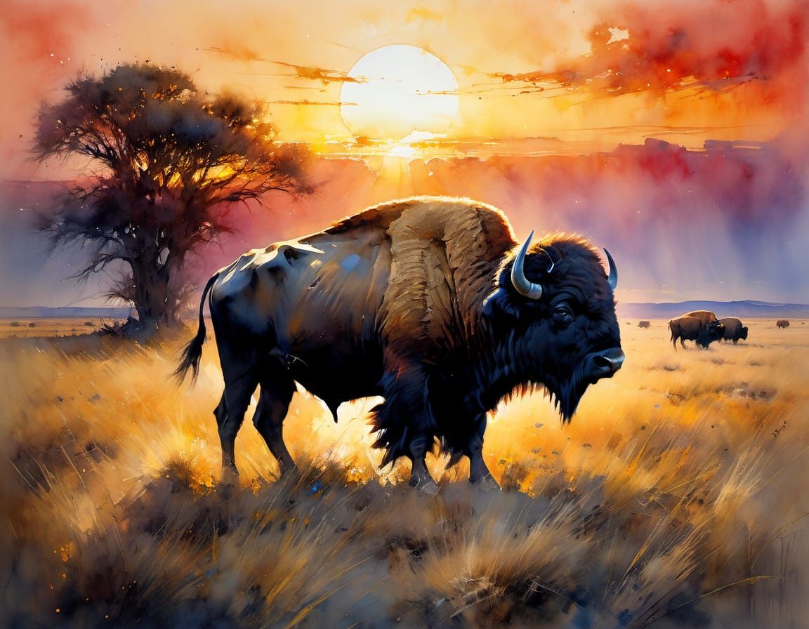 Majestic Buffalo in Sunset Watercolor
