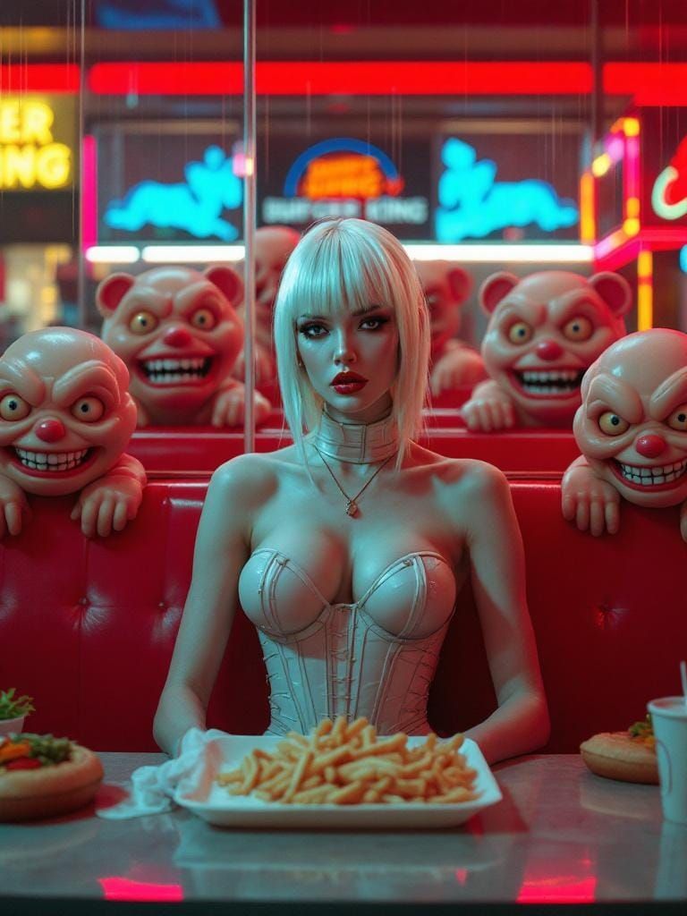 Glamorous Woman in Cyber-Surrealist Burger King