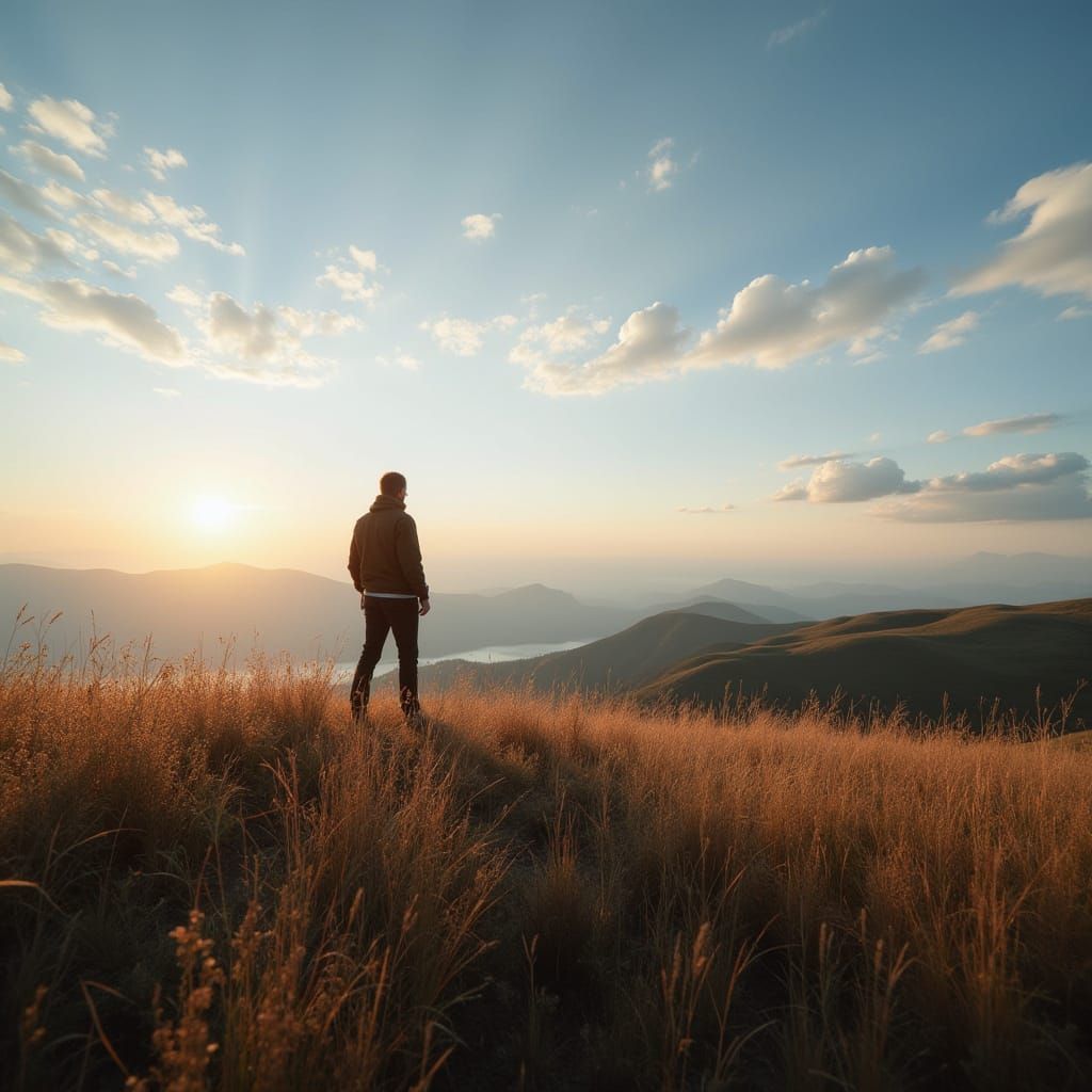 Man on Hill Contemplates the Sky