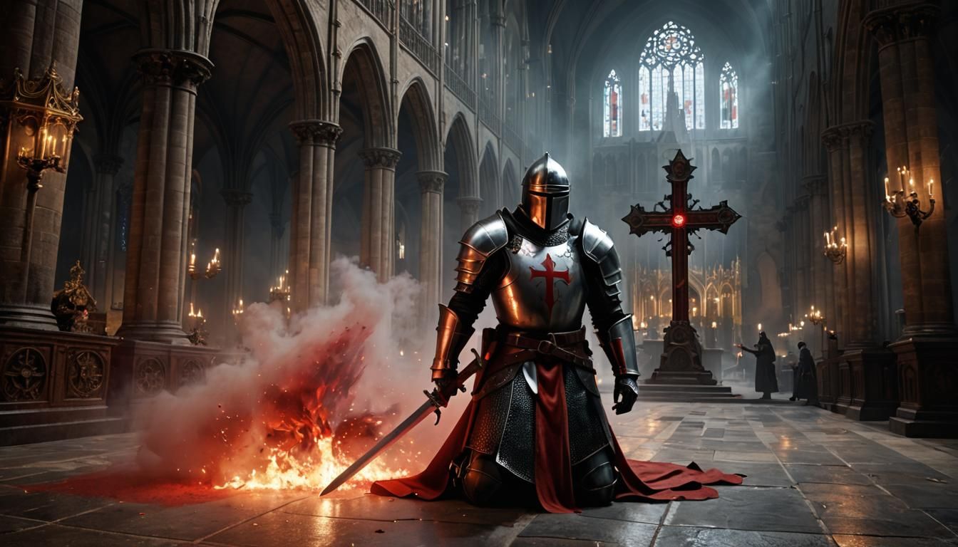 Knight Templar Kneeling in Cathedral, Dark Fantasy Art