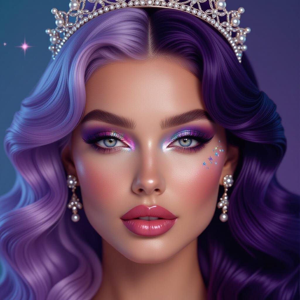 Symmetrical Portrait with Rainbow Glitter and Purple Hair