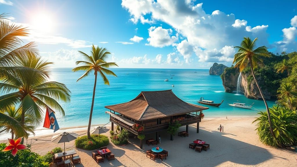 Seafood Restaurant on Tropical Beach, Aerial View