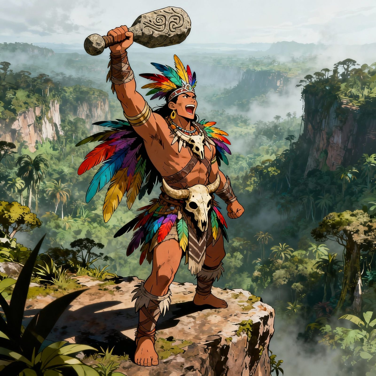 Tribal Warrior Victorious on Cliff Overlooking Jungle