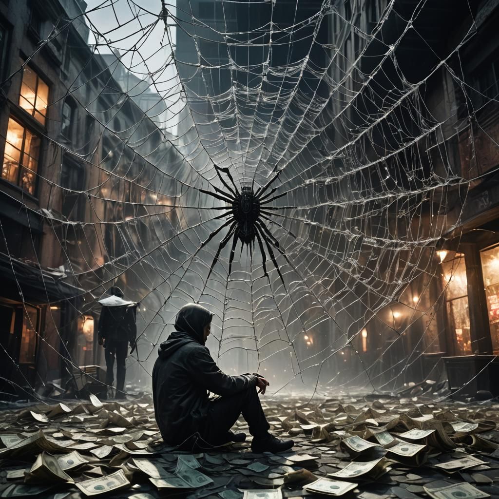 Surrealist Person Trapped in Web of Money