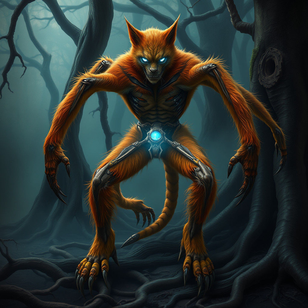 Surreal Furry Spider-Legged Man in Misty Forest