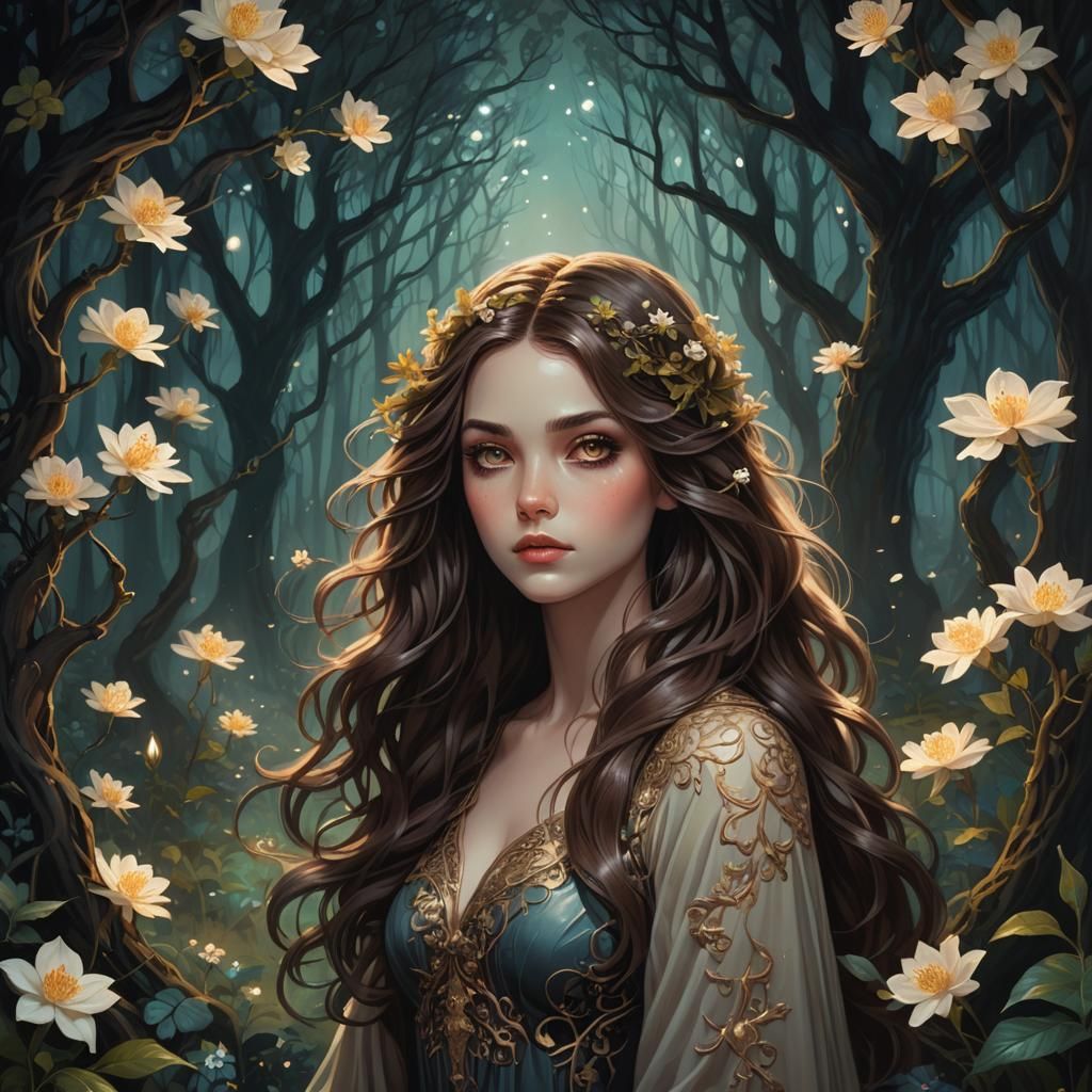 Eerie Forest Woman with Bioluminescent Flowers