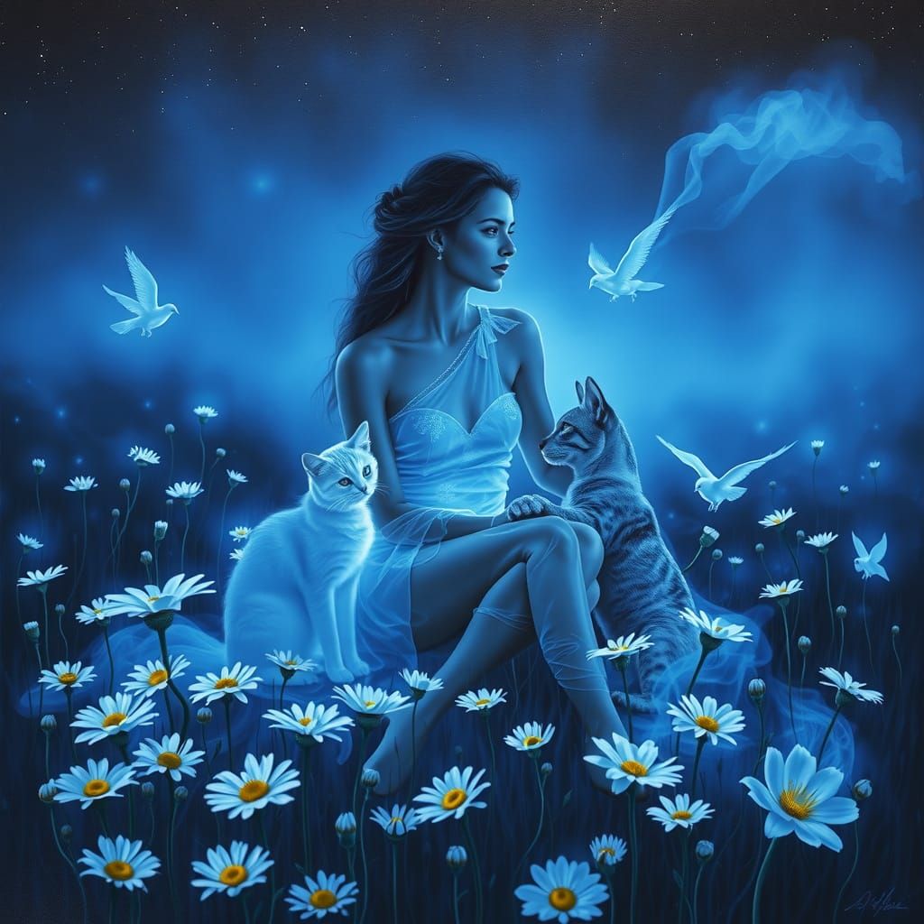 Ethereal Smoke Woman in Luminous Flower Field