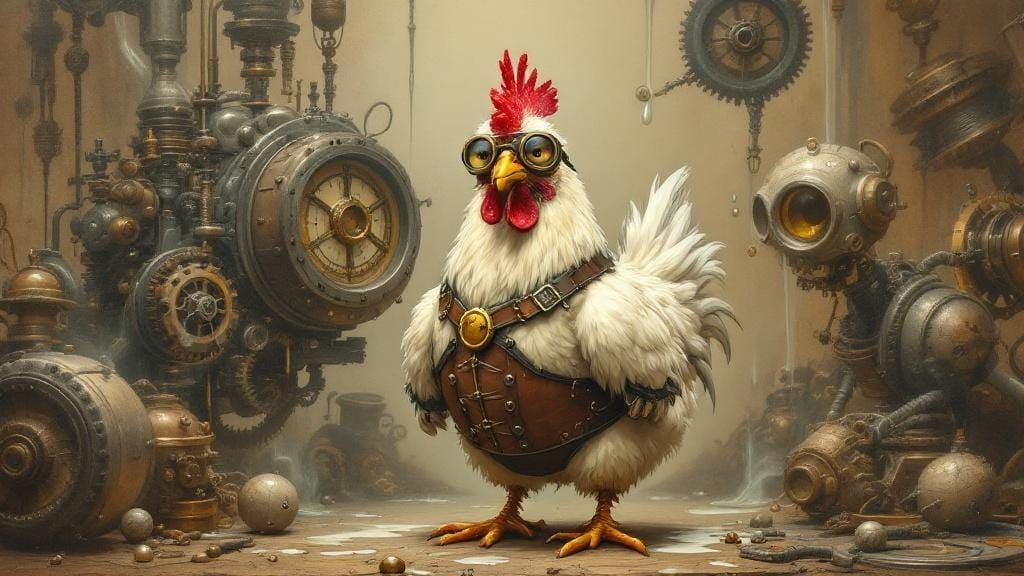 Steampunk Chicken Amidst Surreal Machinery