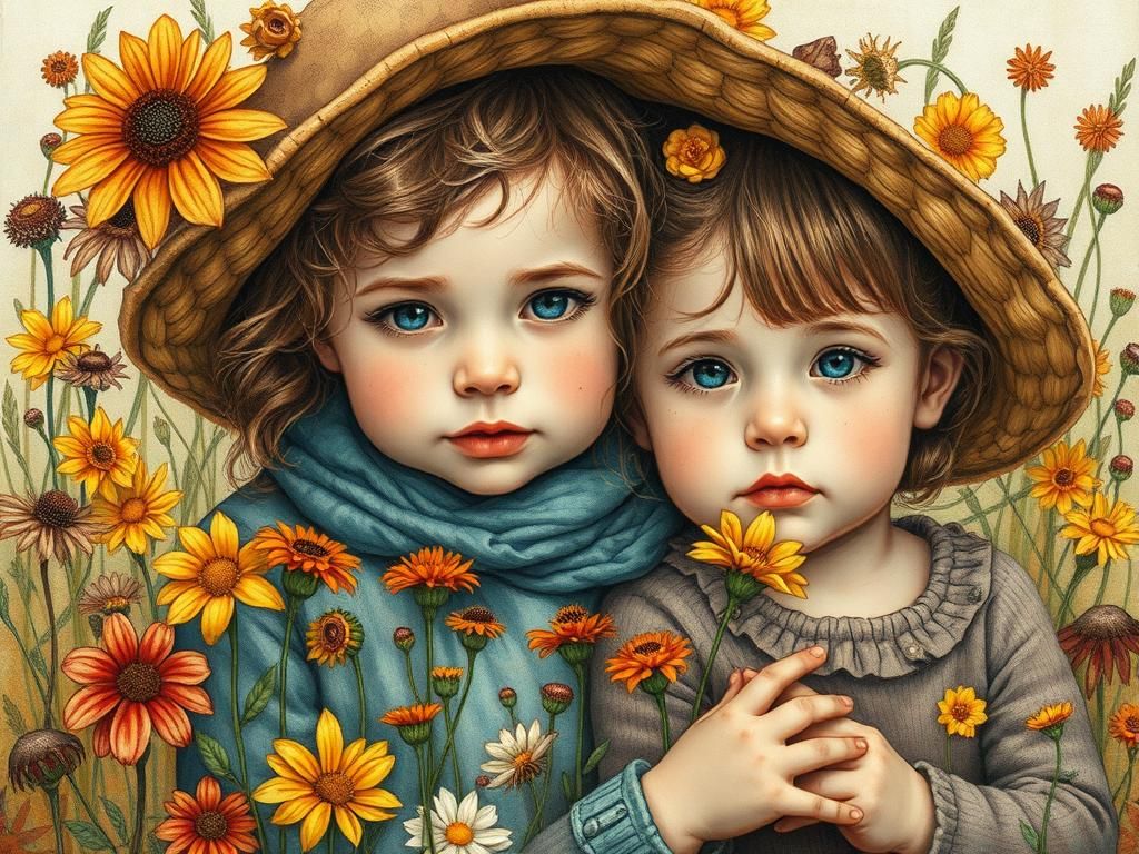Toddler Siblings with Autumn Wildflowers in Art Brut Style