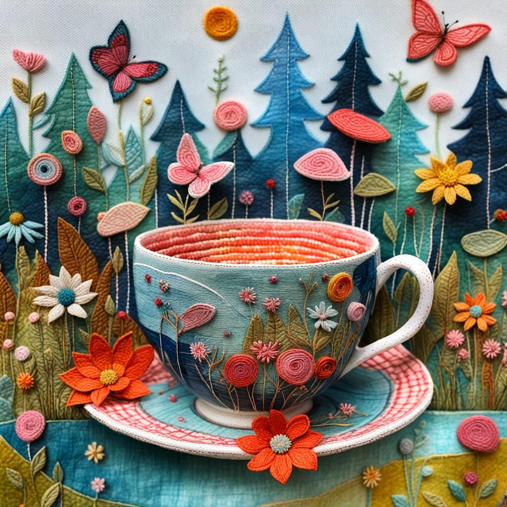 Surreal Garden Scene in Whimsical Textile Art