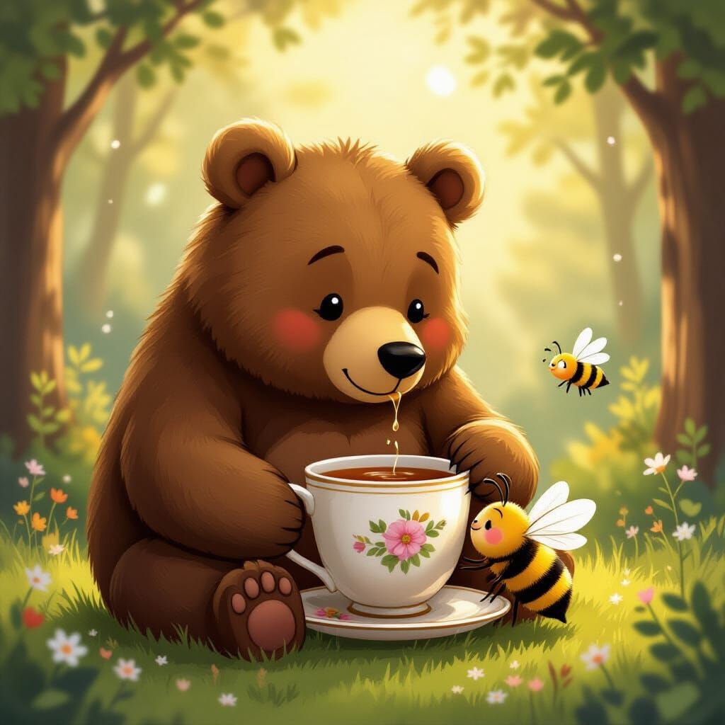 Giant Bear and Bee Share Tea in Golden Fairytale Light