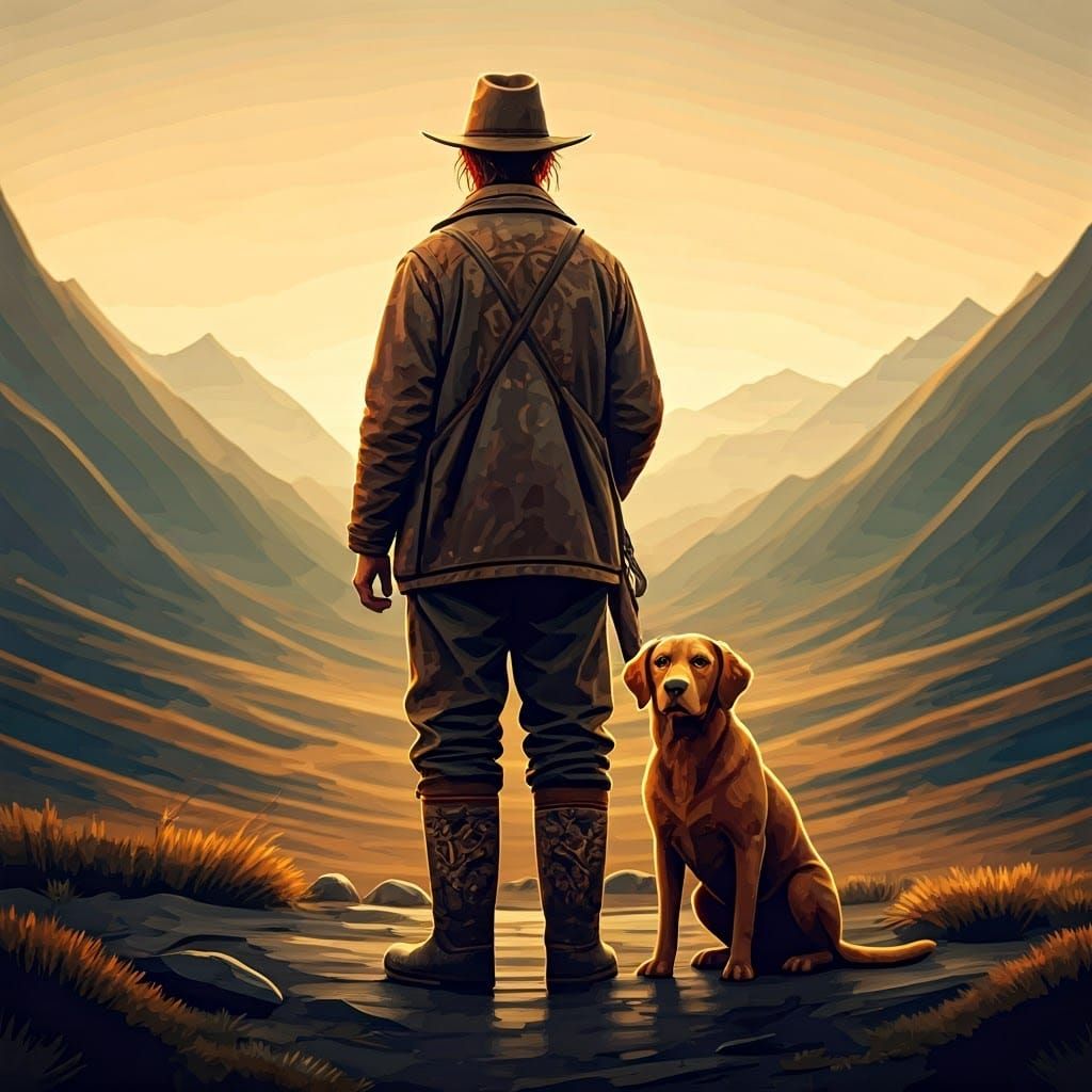 Duck Hunter and Dog at Dawn, in 3D Shaded Art
