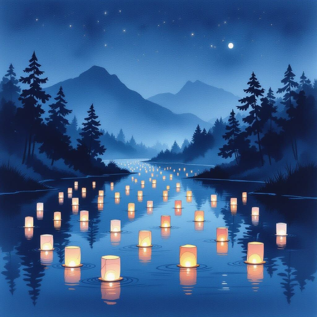 Mystical River of Lanterns: Watercolor Airbrush Art
