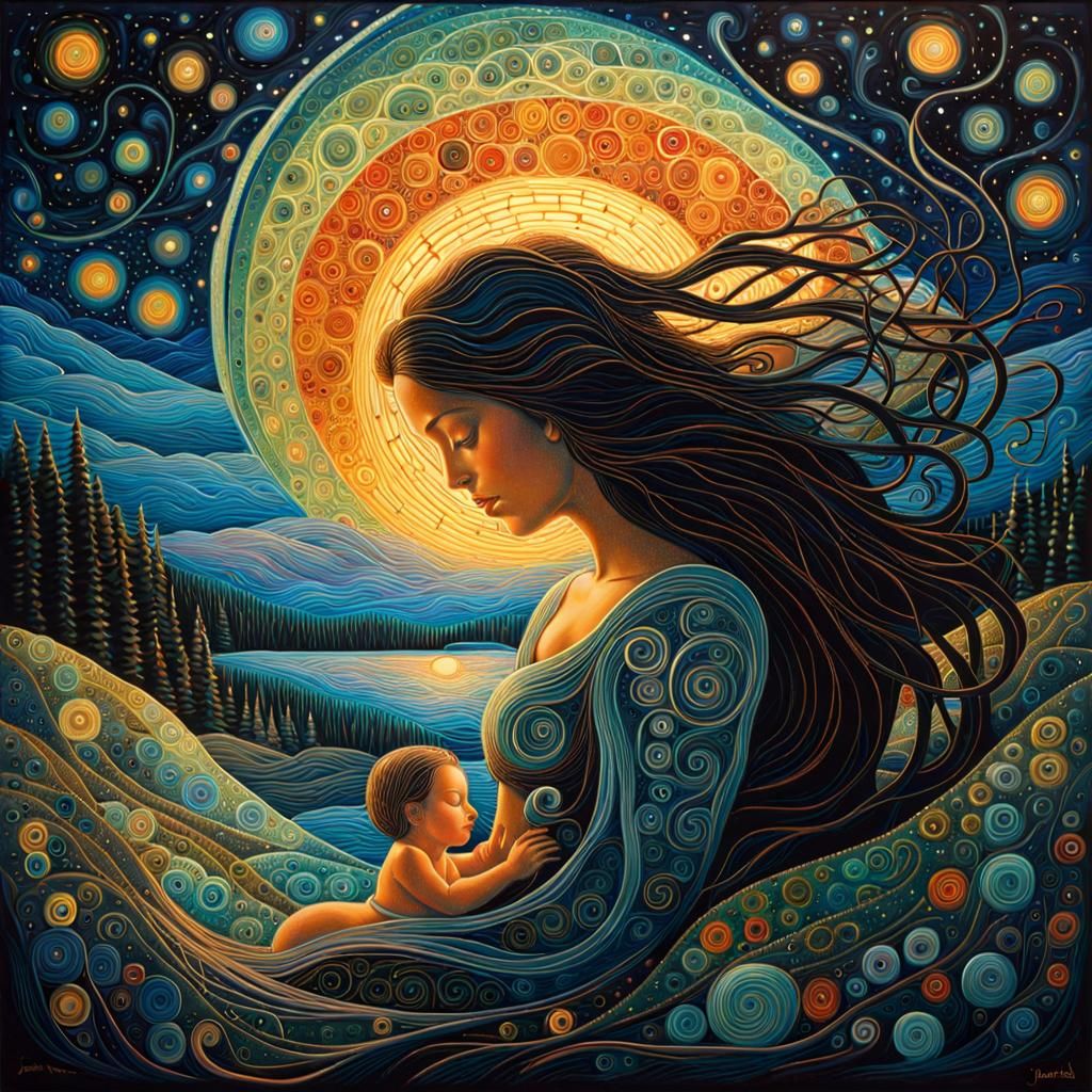 Mother and Child Under Bioluminescent Starry Sky