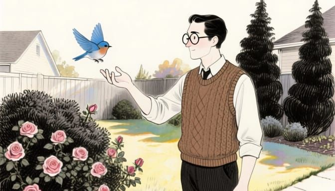 Man Offers Hand to Bluebird in Garden Pen and Ink Illustrati...