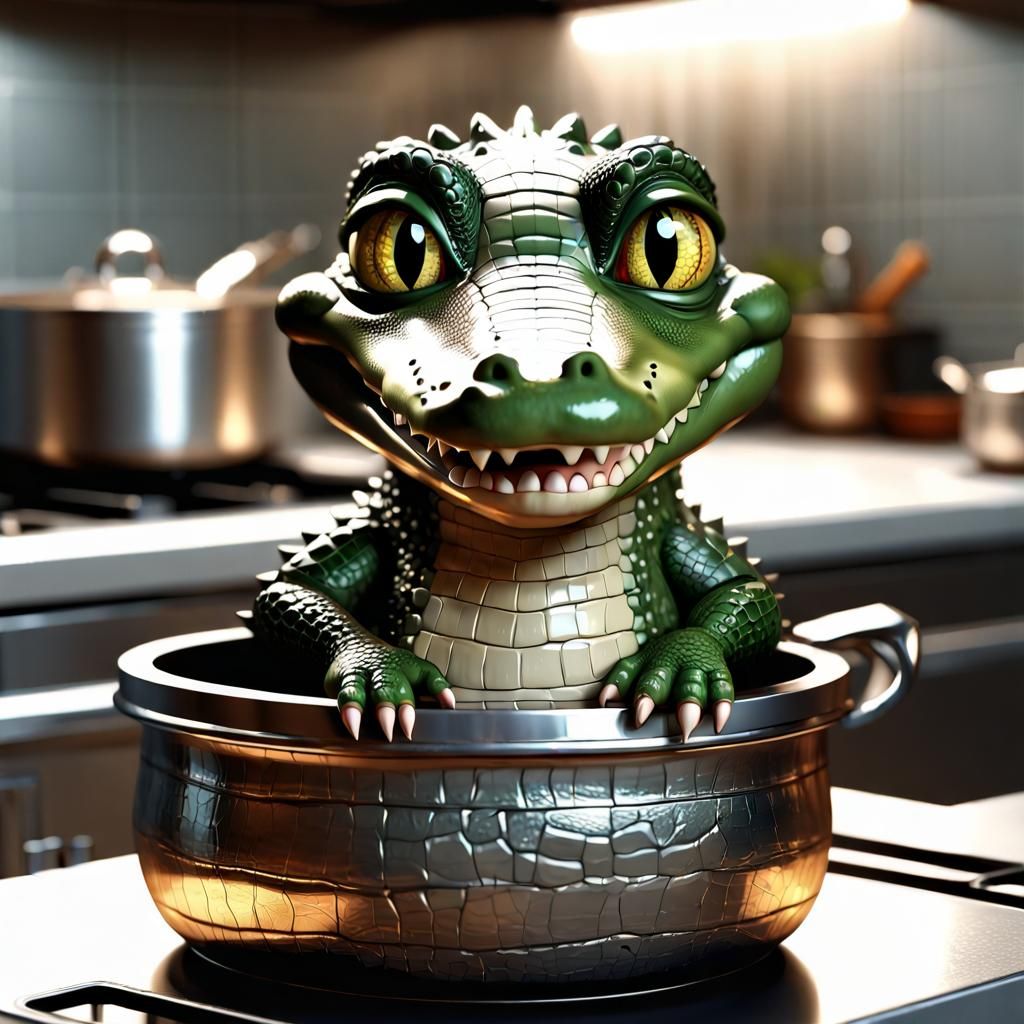 Adorable Chibi Crocodile in a Pot: Anime Render