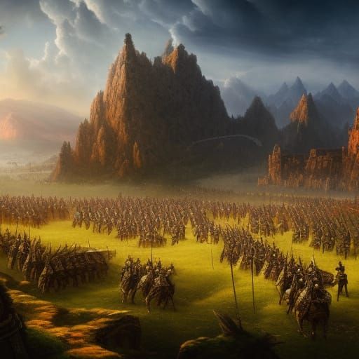 Medieval Army Led by Blinded Leader on Prairie