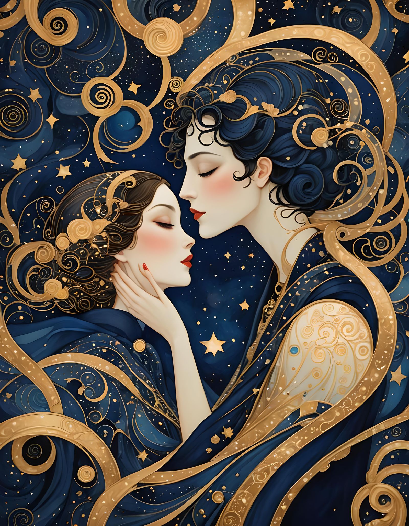 Starlit Kiss: An Art Deco Storybook Illustration