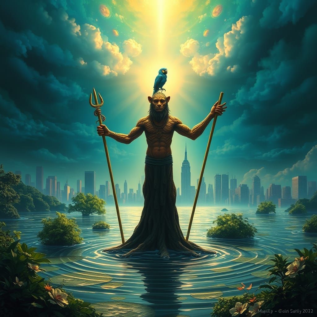 Mystical Shaman Leopard in Flooded Cityscape