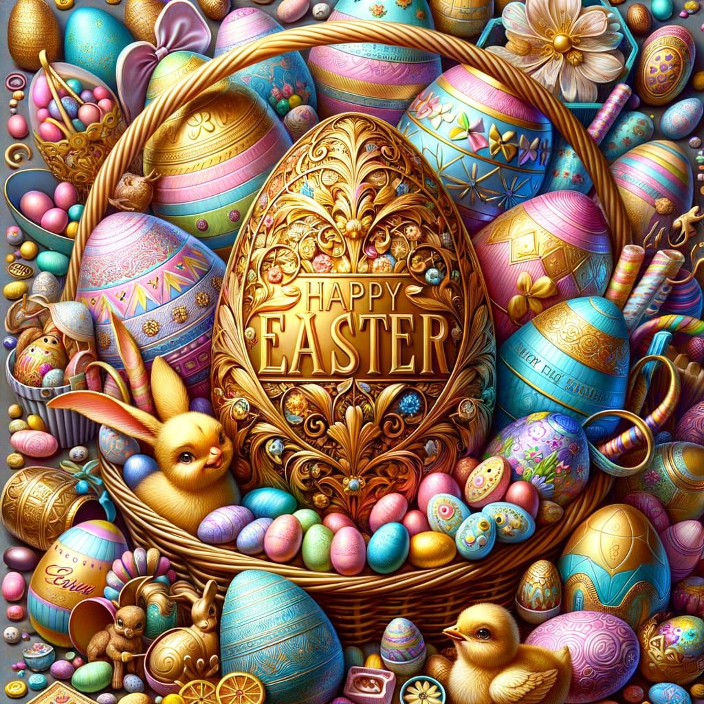 Vibrant Easter Basket with Golden Egg and Pastel Sweets