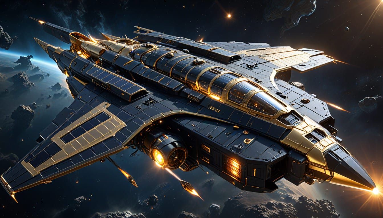 Epic Black Spaceship Masterpiece with Gold Details