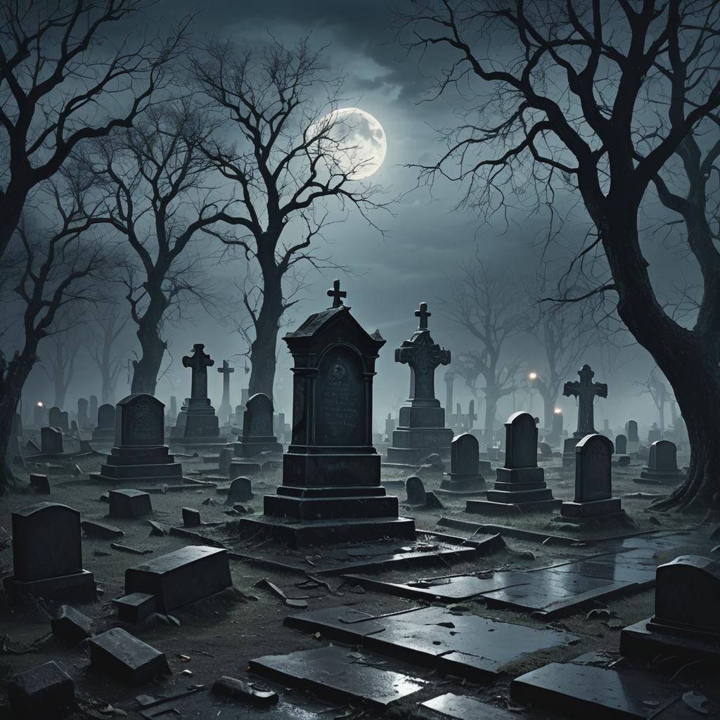 Eerie Graveyard Scene in Dark Fantasy Illustration