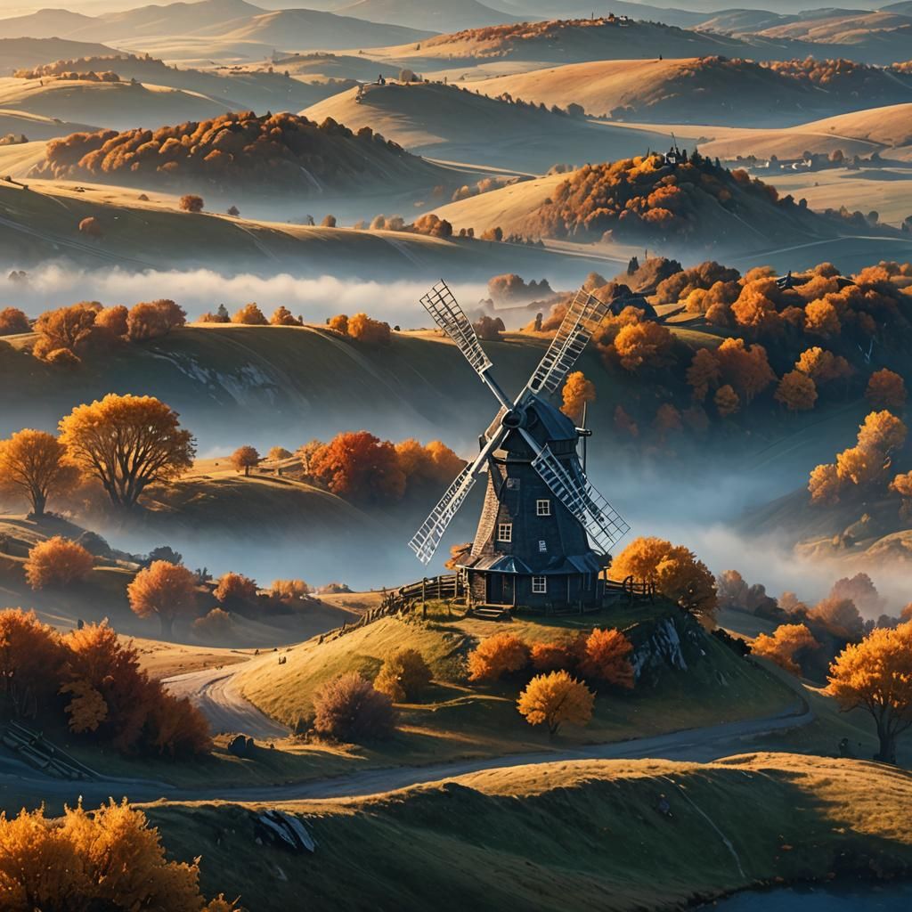 Autumn Windmill Landscape in Fantasy Style