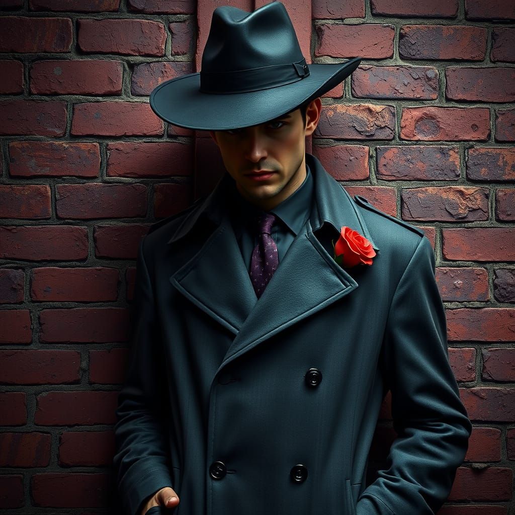 A photo of a dark fantasy setting with a mysterious gentleman dressed in a classic trench coat, hat, and tie. He leans c...