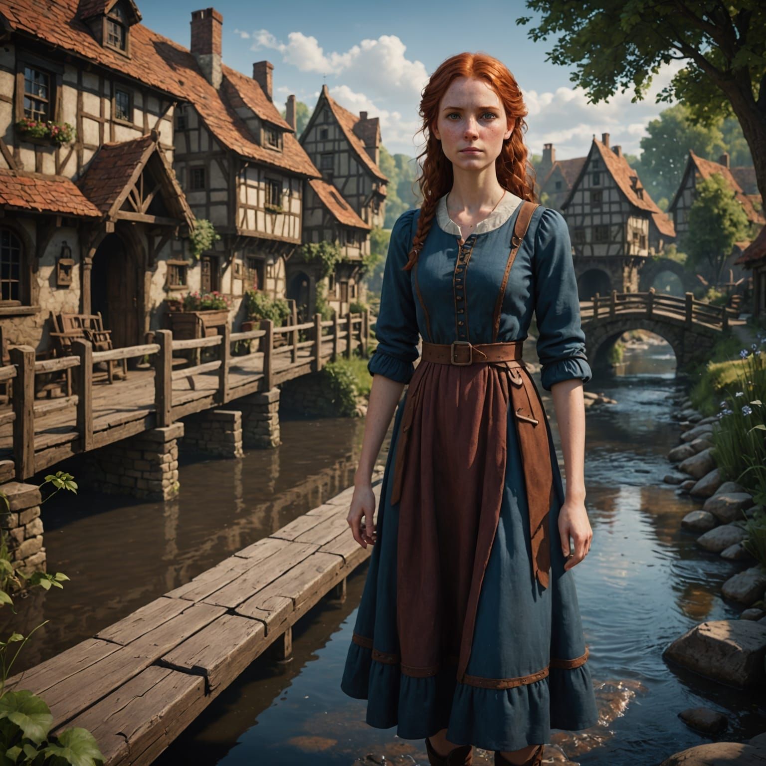 Village Woman on Bridge in Fantasy Art Style