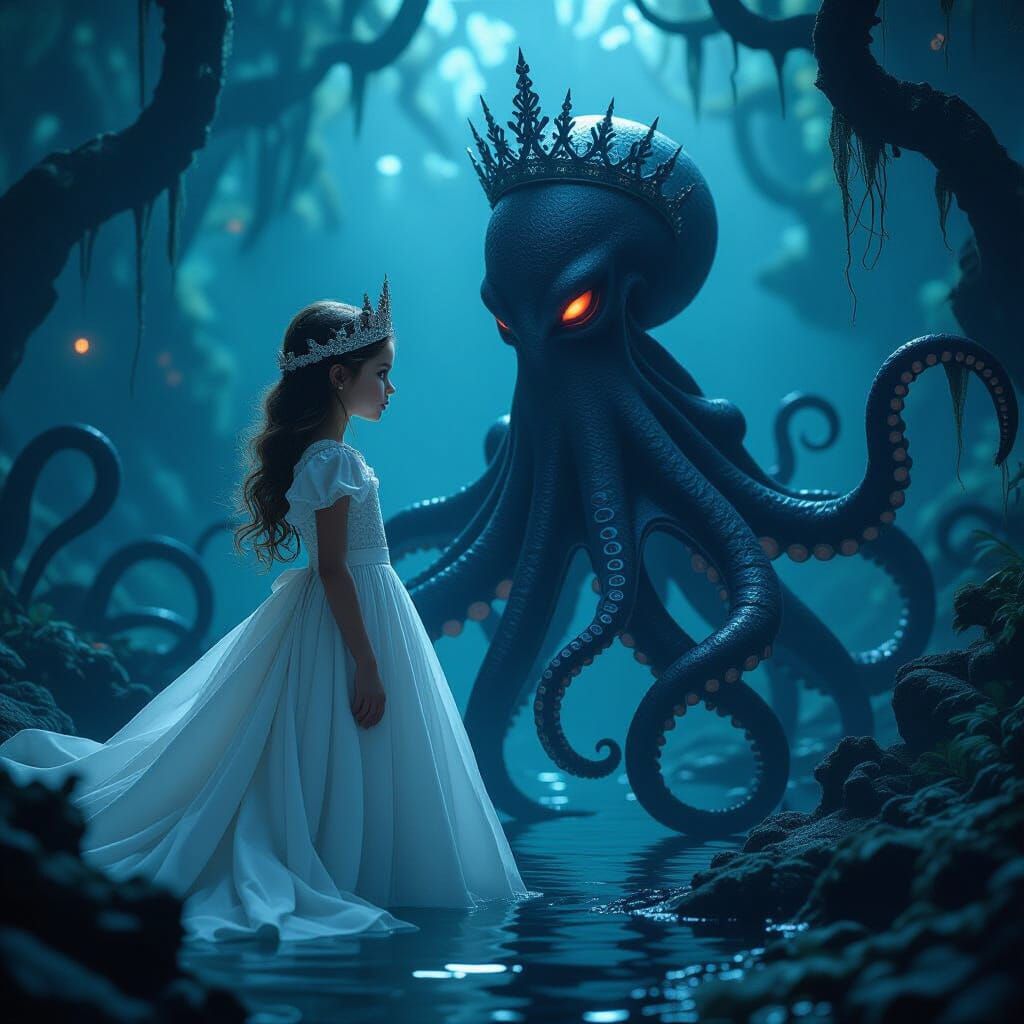 Mystical Octopus and Girl in Dark Oceanic Fantasy