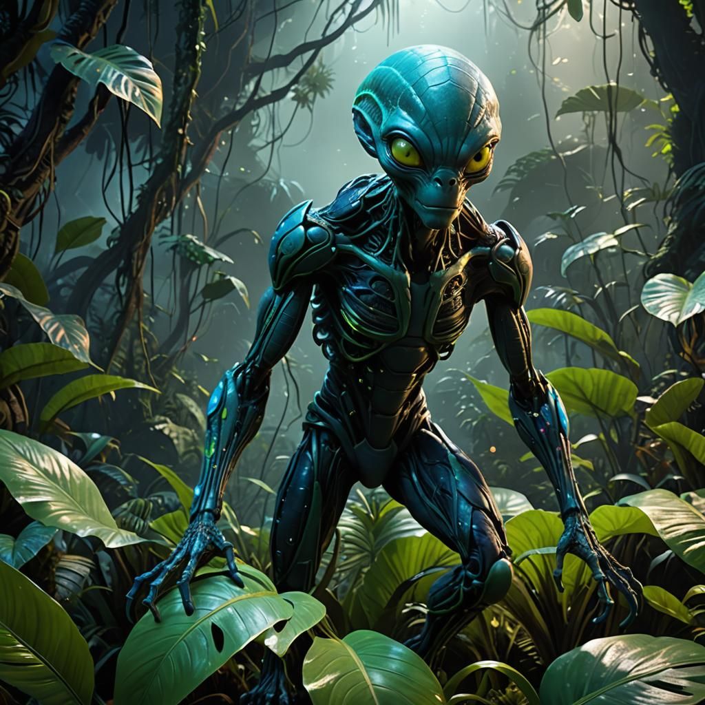 Luminescent Alien Creature in a Glowing Jungle: 3D Digital A...