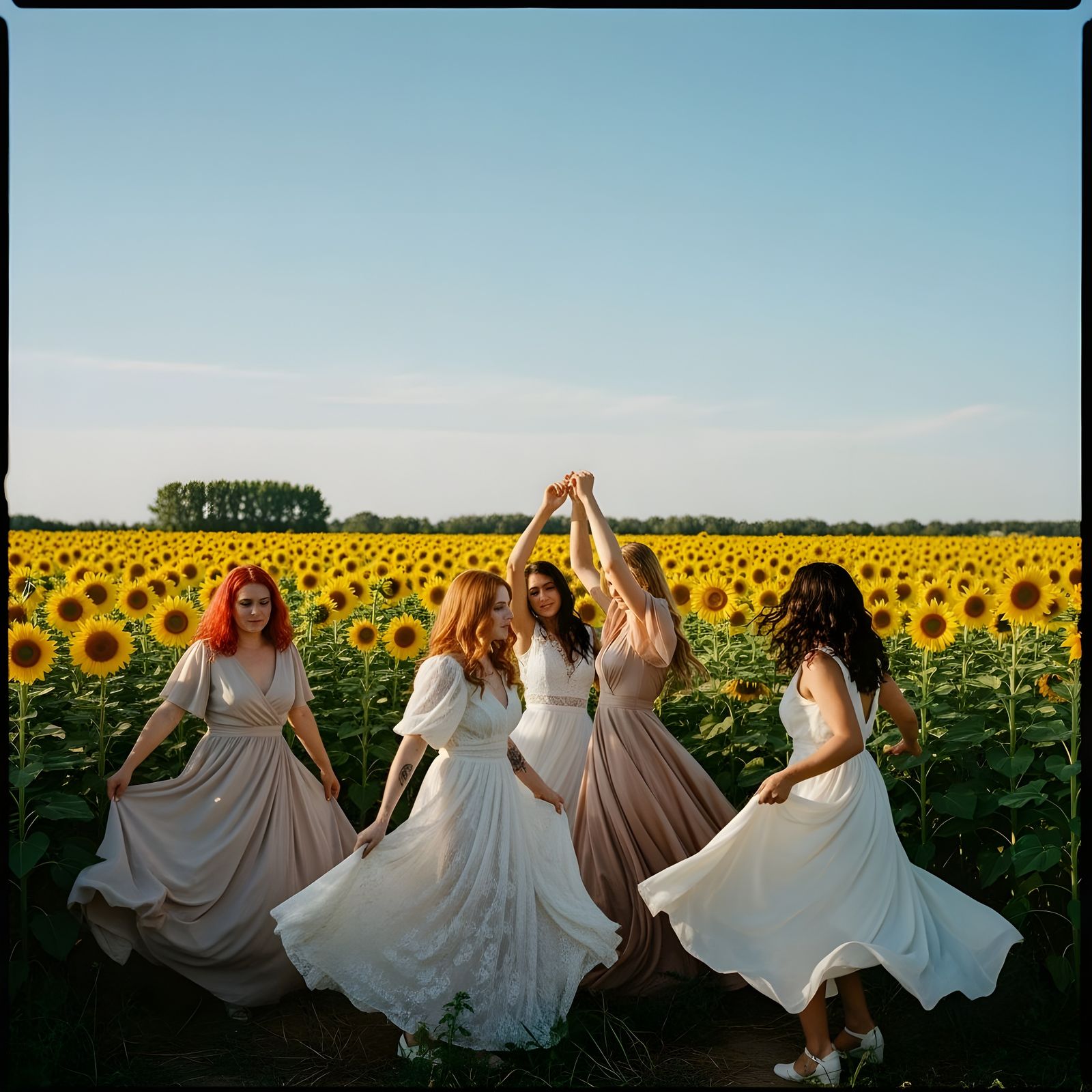 Women Dancing in Sunflower Field, Kodak Ektar
