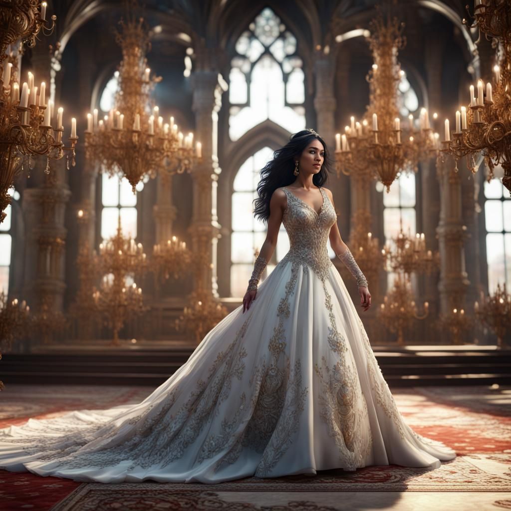 Woman in Jeweled Dress in Castle Hall